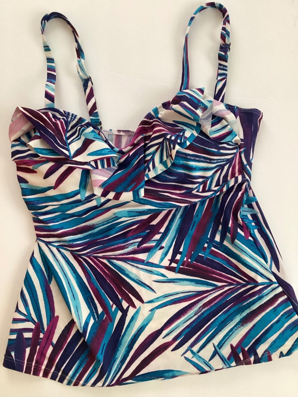 Island Escape Tankini Top Sz 12 Blue Purple Palm Leaf Swimsuit Adjustable Strap